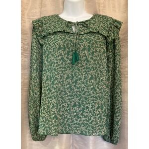 HAYDEN LOS ANGELES Green Pleated Ruffle Collar Tie Neck Blouse Women's Size S